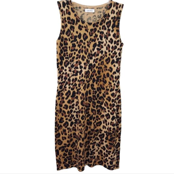 Calvin Klein Knit Sleeveless Dress Medium Brown Leopard Animal Print Casual - Picture 1 of 4